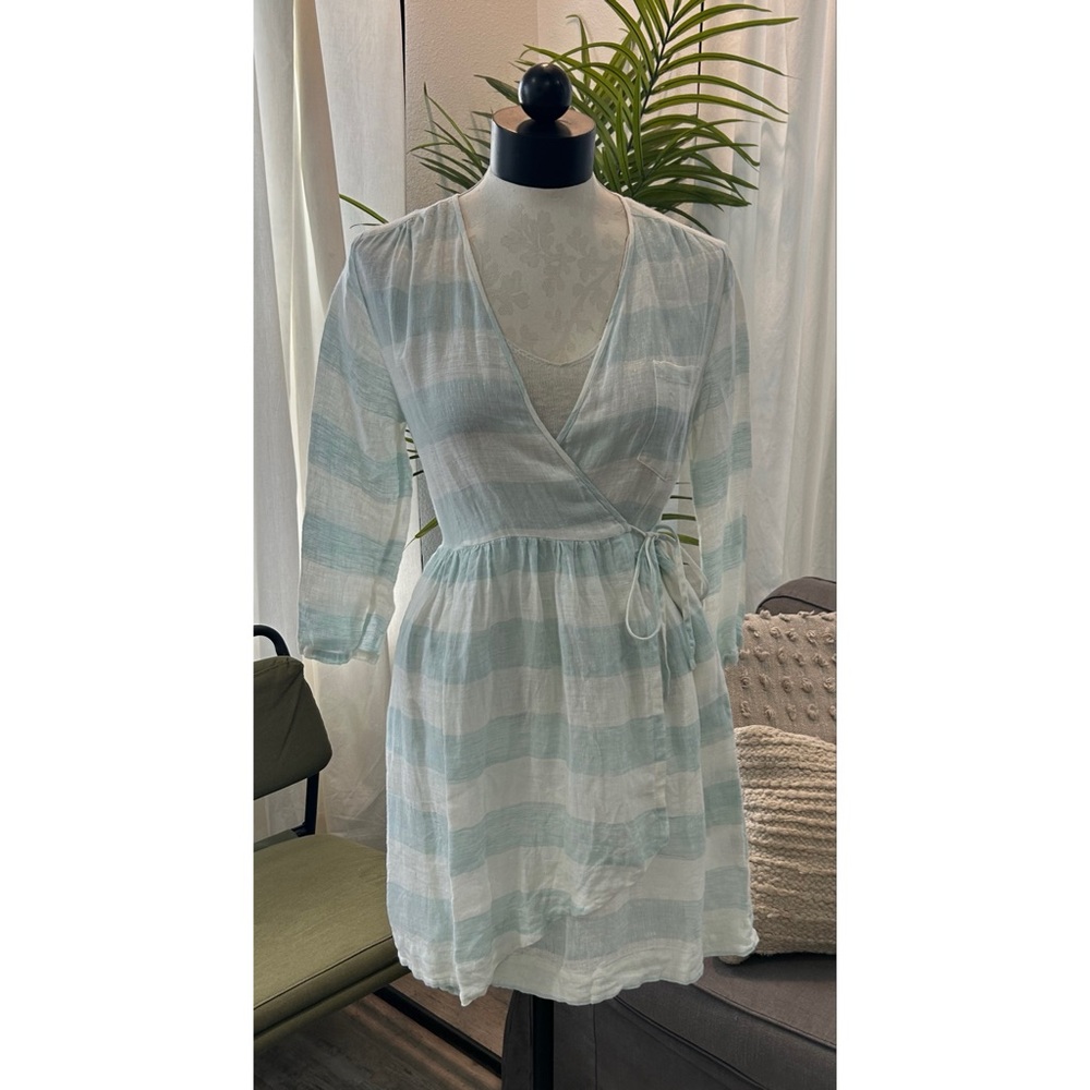Steven Alan Striped Linen Wrap Dress Tie Waist Casual Summer Size 0 Mint Green